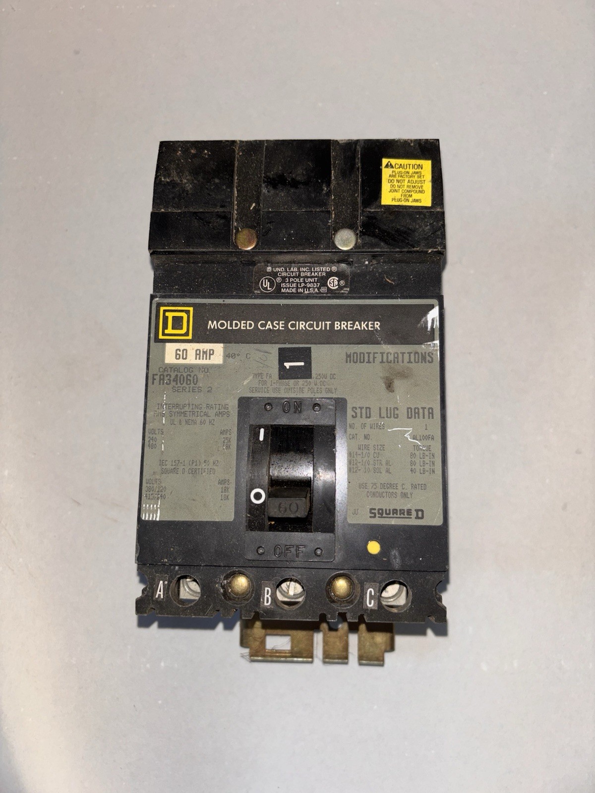 Square D 60 Amp I-Line Circuit Breaker 3-Pole 480V AC FA34060