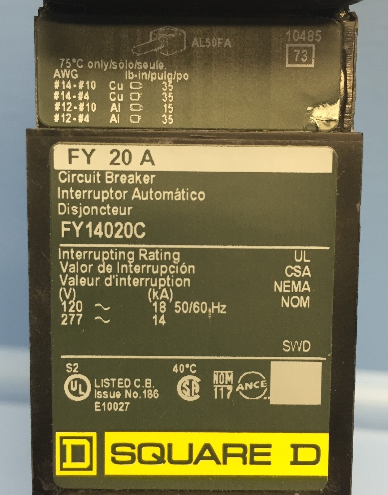 Square D I-Line FY14020C 20A Circuit Breaker Green Label 277V 1 Pole 20 Amp HACR
