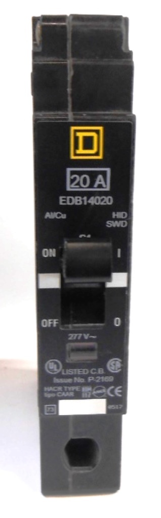 SQUARE D, CIRCUIT BREAKER, EDB14020, 1 POLE, 20 AMPS, 277 VAC, HACR