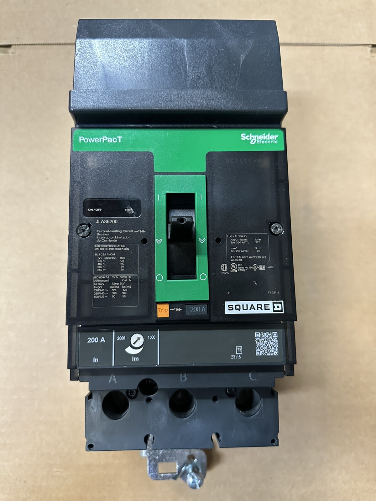 JLA36200 SQUARE D PowerPact I-Line 200A 3 Pole 600V JLA Circuit Breaker NPO