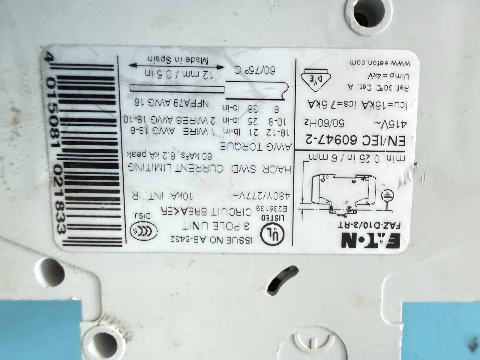 Eaton FAZ-D10/3-RT 10A 3-Pole Circuit Breaker Type D + Z-NHK Aux Contact