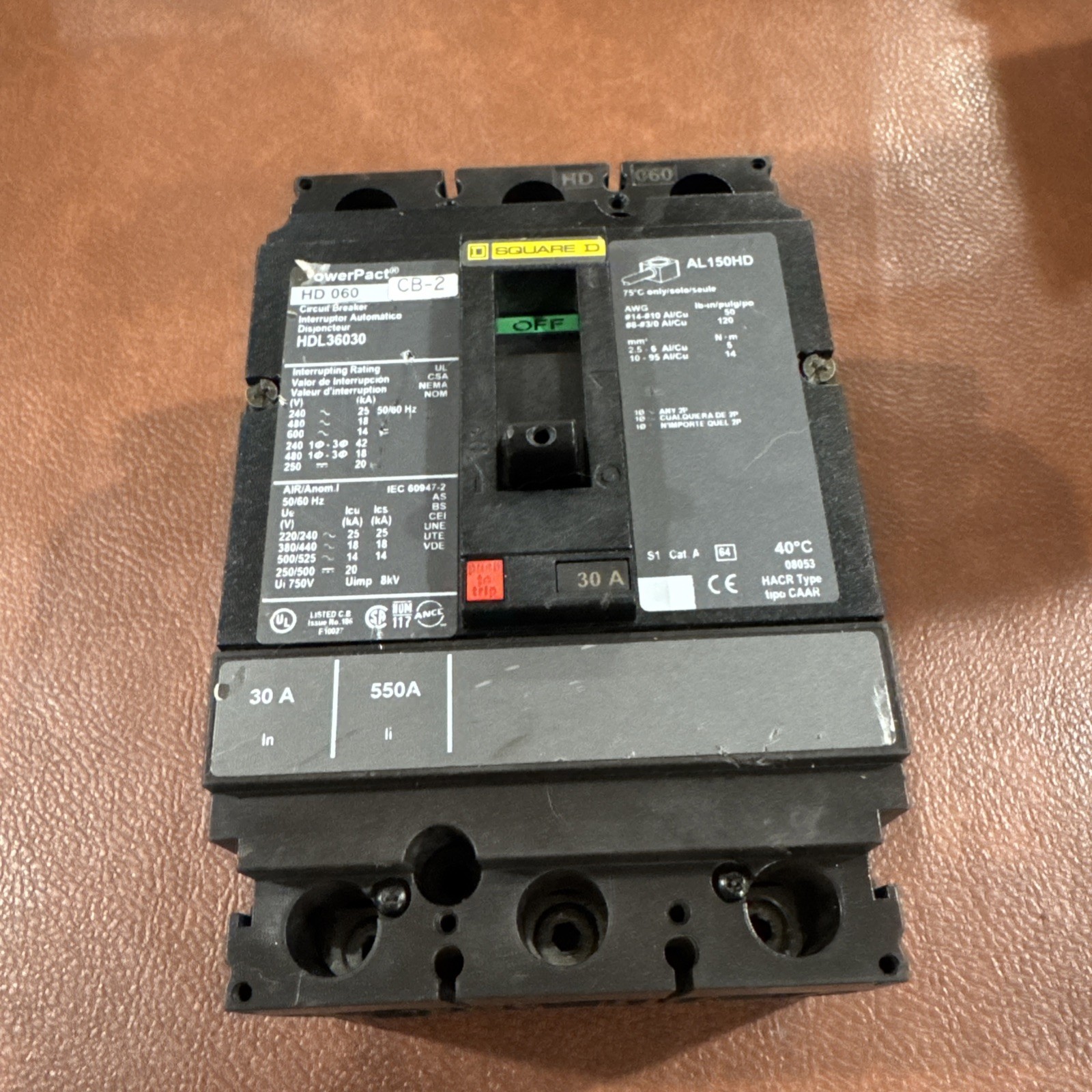 Square D PowerPact H 600VAC/250VDC 30A 3 Pole HDL36030 Circuit Breaker 3P 30 Amp