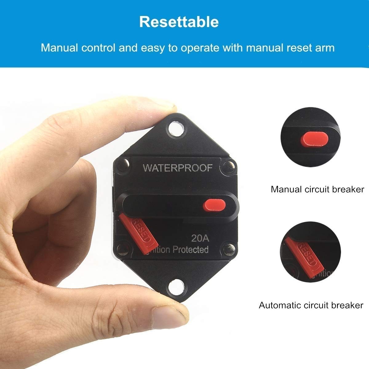 20A Hi-Amp Circuit Breaker, 12V-32V DC, Waterproof, Manual Reset, Panel Mount
