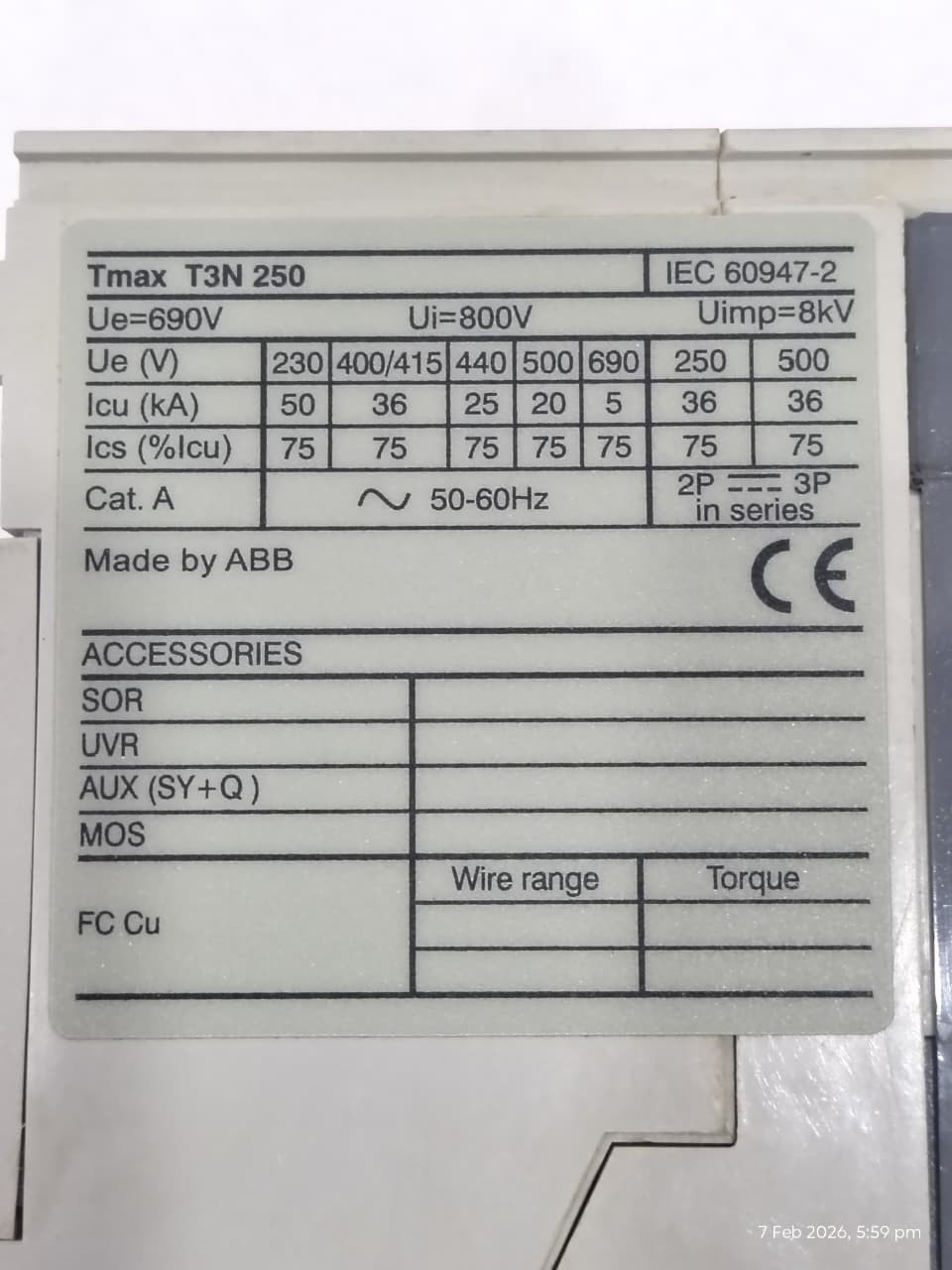 ABB SACE TMAX T3 N 250 1SDA051306R1 4 Pole 250Amp CIRCUIT BREAKER