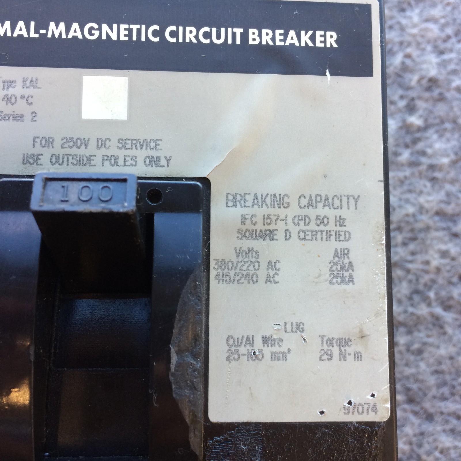 SQUARE D KAL36100 100A 600V 3POLE CIRCUIT BREAKER * Ships Fast *
