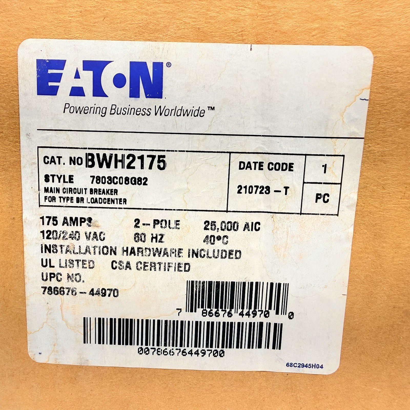 NEW Eaton BWH2175 Main Circuit Breaker, 175A, 120/240V, 2-Pole