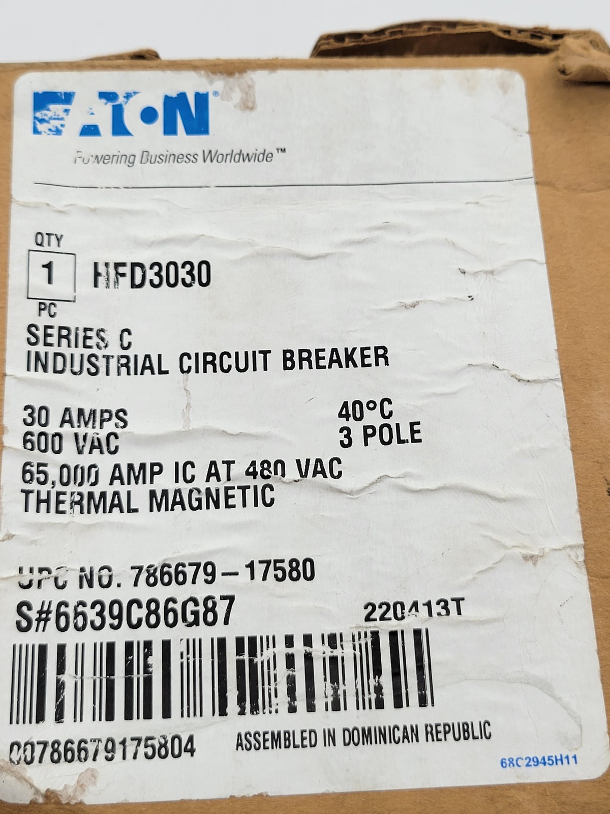Eaton HFD3030 Bolt-On Circuit Breaker 30A 3P 600V HFD65K Red 30 Amp