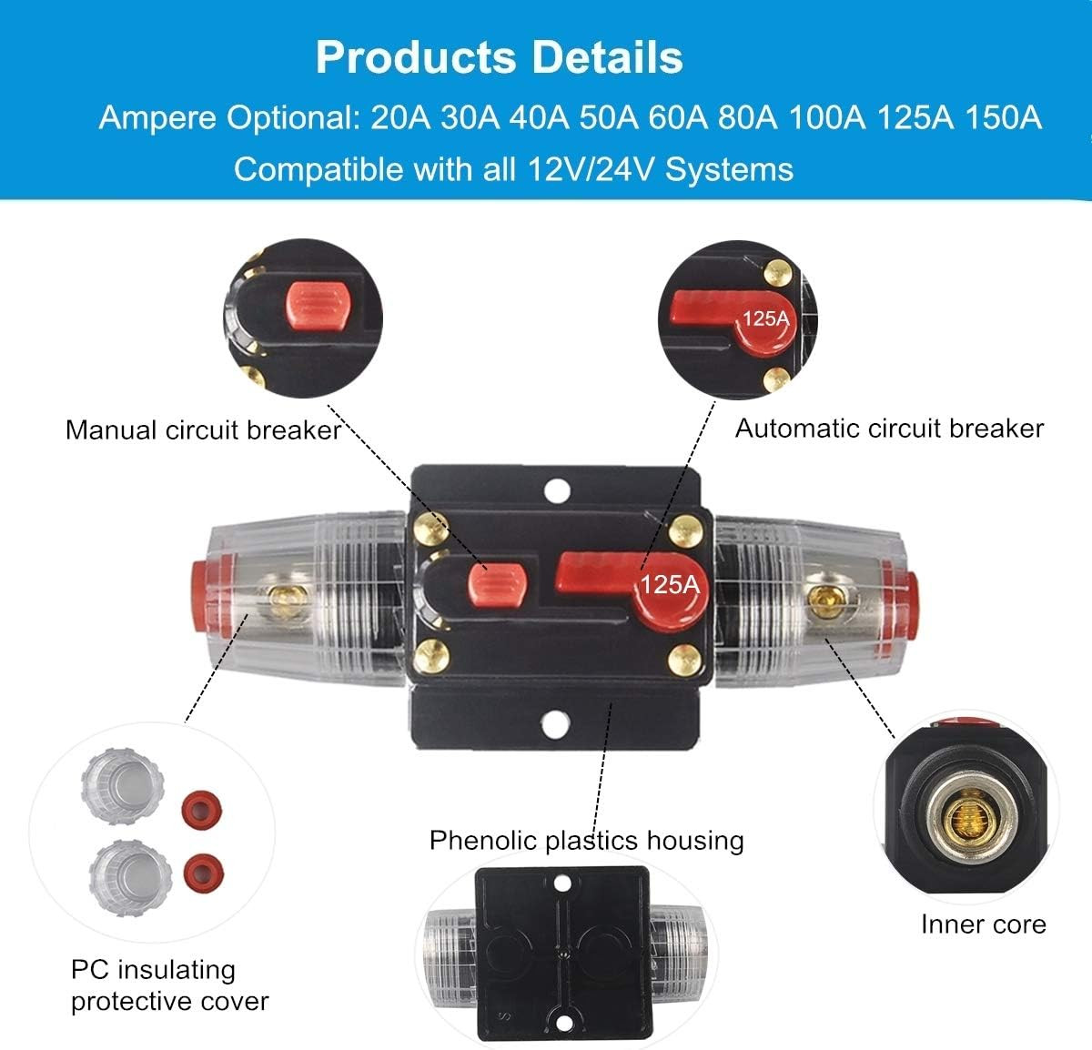 30A 40A 50A 60A 80A 100A 125A 150A Audio Circuit Breaker Auto Car Stereo Inline