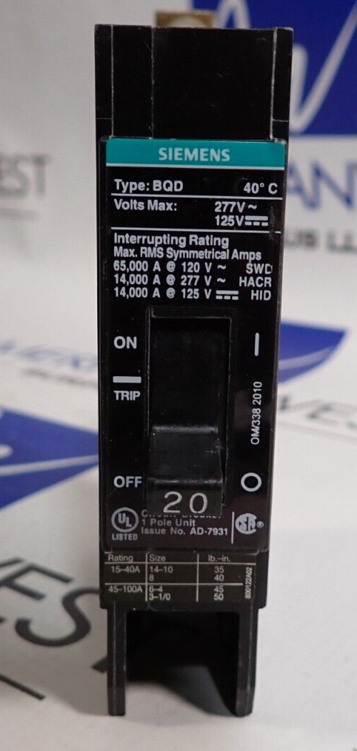 1 NEW – Siemens BQD120 20 Amp 277 VAC 1 Pole Type BQD Bolt-On Circuit Breaker