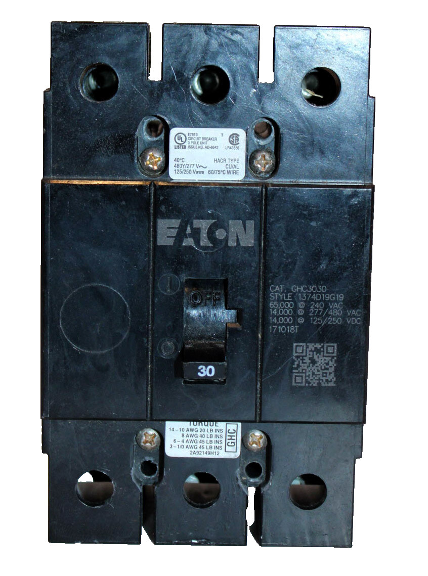 Eaton GHC3030 Circuit Breaker 30A 3‑Pole 600V AC/DC Bolt‑On High‑IC