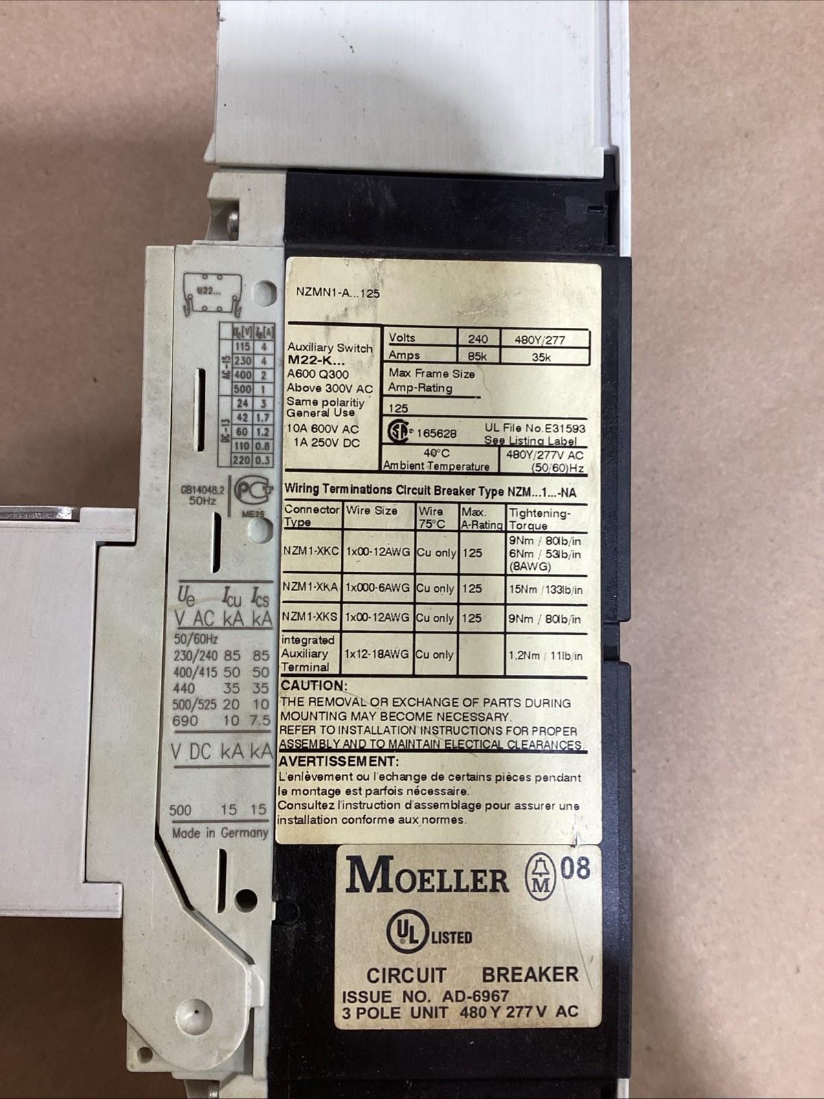 Moeller Circuit Breaker 3 pole 125 amp auxillary switch NZMN1-A 125