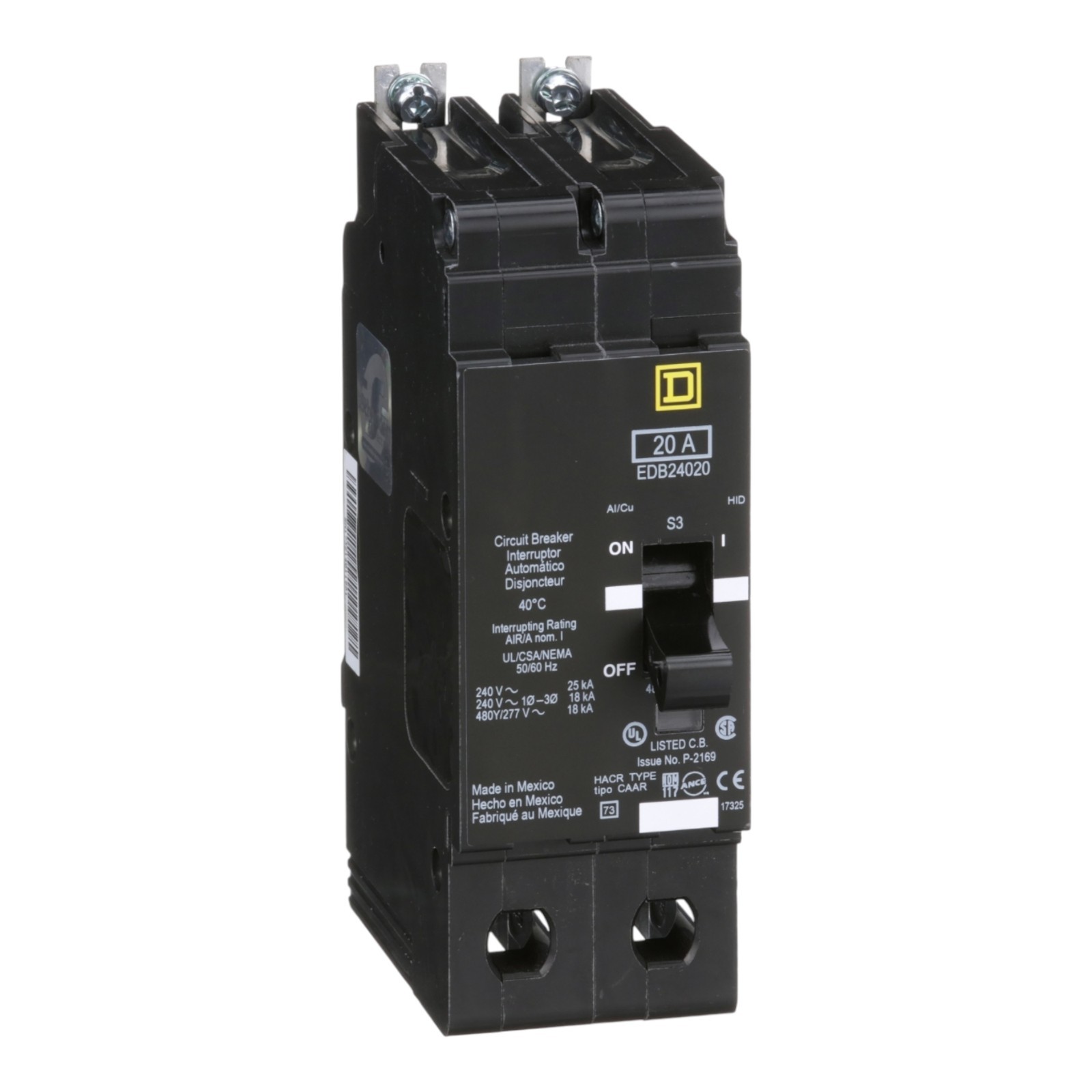 Square D EDB24020 Bolt-On Circuit Breaker 20A 480Y/277V 2P 1PH Type EDB 20 Amp