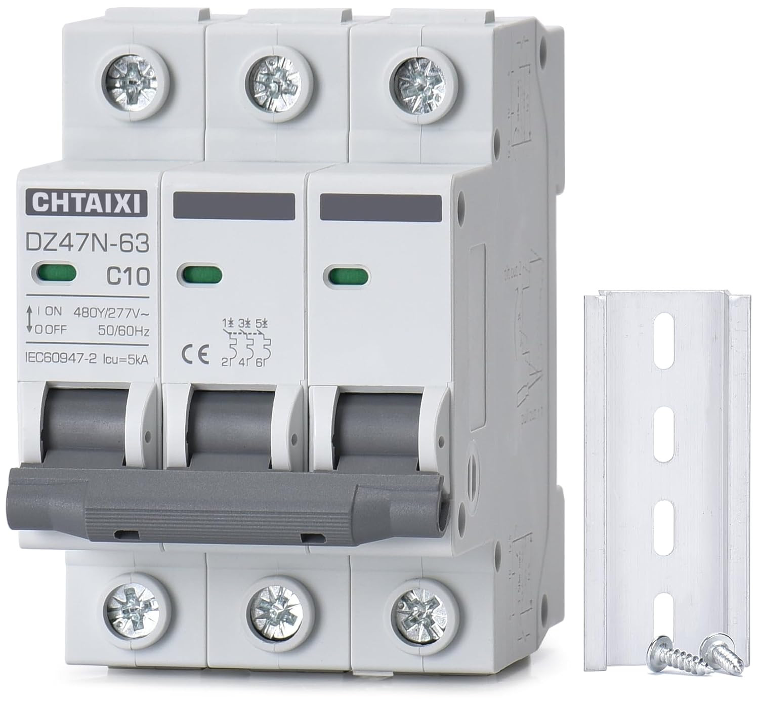 3 Pole DIN Rail Mount Circuit Breaker, 10 Amp 480V AC Miniature Circuit Breaker,