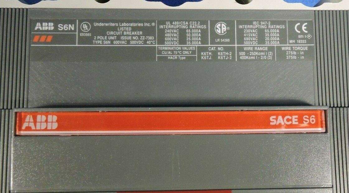 NEW ABB S6 SACE ISOMAX S6N600TW-2 CIRCUIT BREAKER 2-POLE 600A 500VDC 600VAC /BOX
