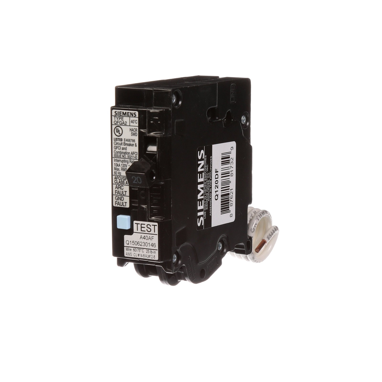SIEMENS Q120DF 20-Amp Afci/Gfci Dual Function Circuit Breaker, Plug-in Load C…