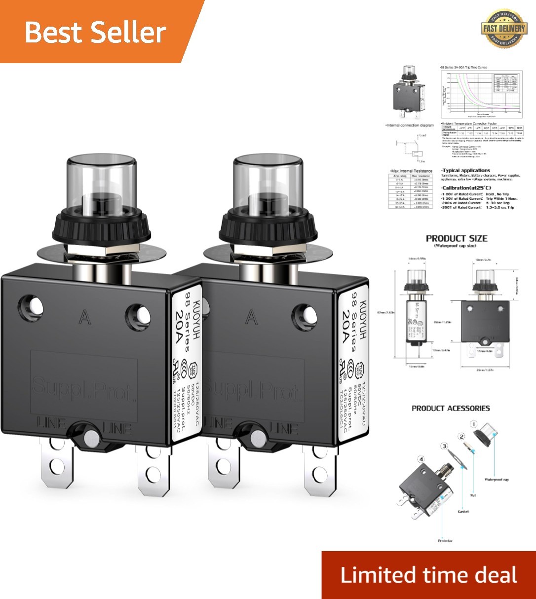 Din Rail Mount 20 Amp Circuit Breaker, Waterproof with Quick Connect – 2 Pack