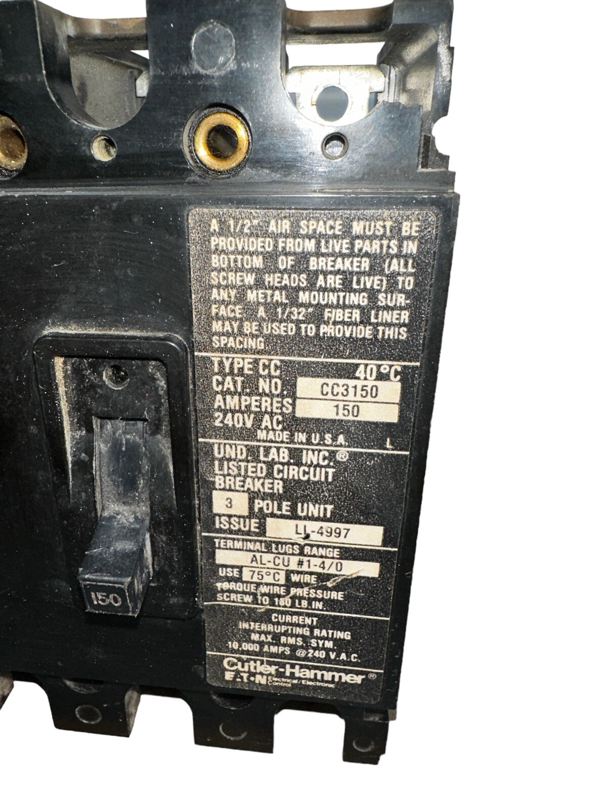 Eaton CC3150 Circuit Breaker 150A 3-Pole 240V Type CC Tenant Main