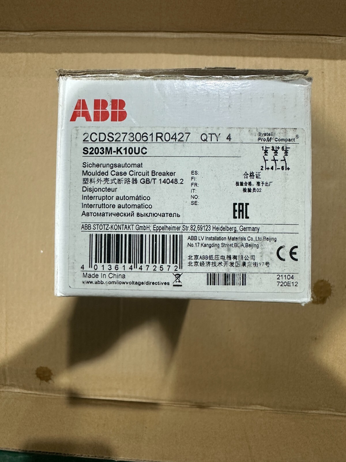 2CDS273061R0427 Brand New ABB Miniature Circuit Breaker S203M-K10UC 3P 10A – K