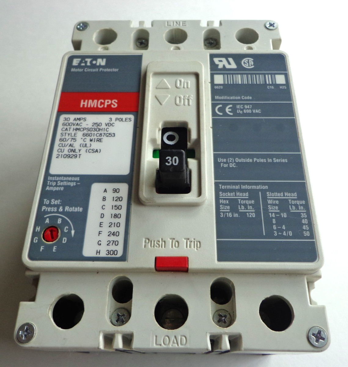 Eaton HMCPS030H1C 3P 30A 600VAC/250 CIRCUIT BREAKER, New!!