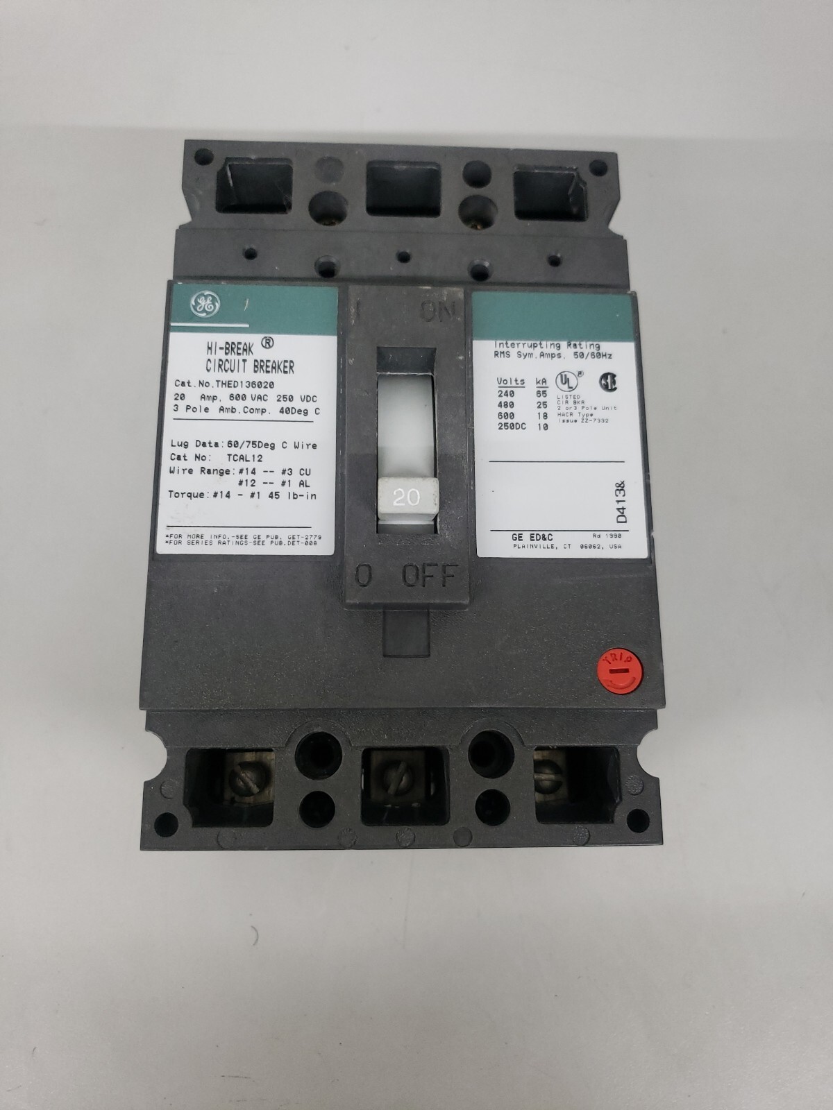 GE THED136020 CIRCUIT BREAKER 20 AMP 600V 3 POLE GREEN LABEL EXCELLENT CONDITION
