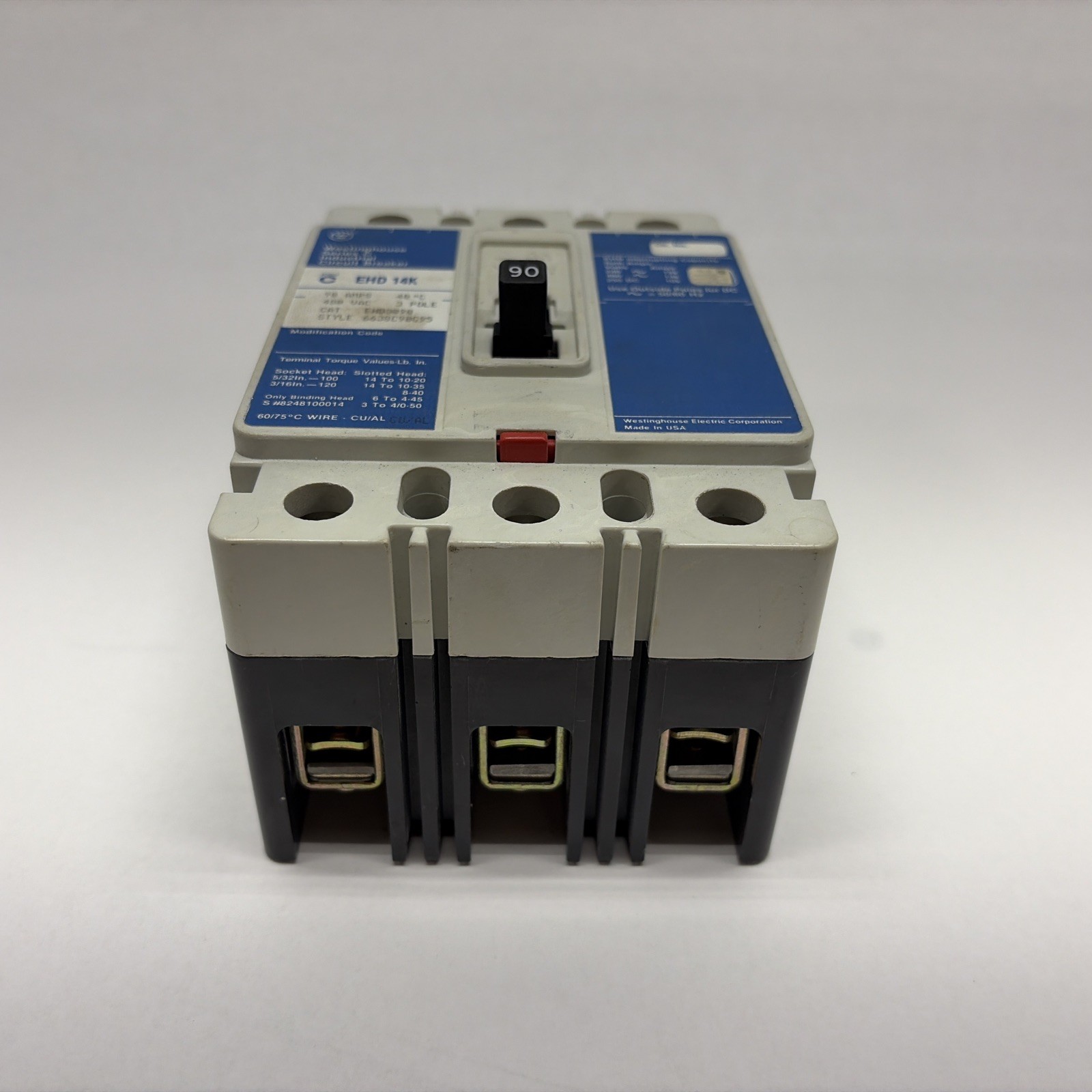 Westinghouse EHD3090 Circuit Breaker 90 Amp 480 Vac 3 Pole EHD 14K Series C