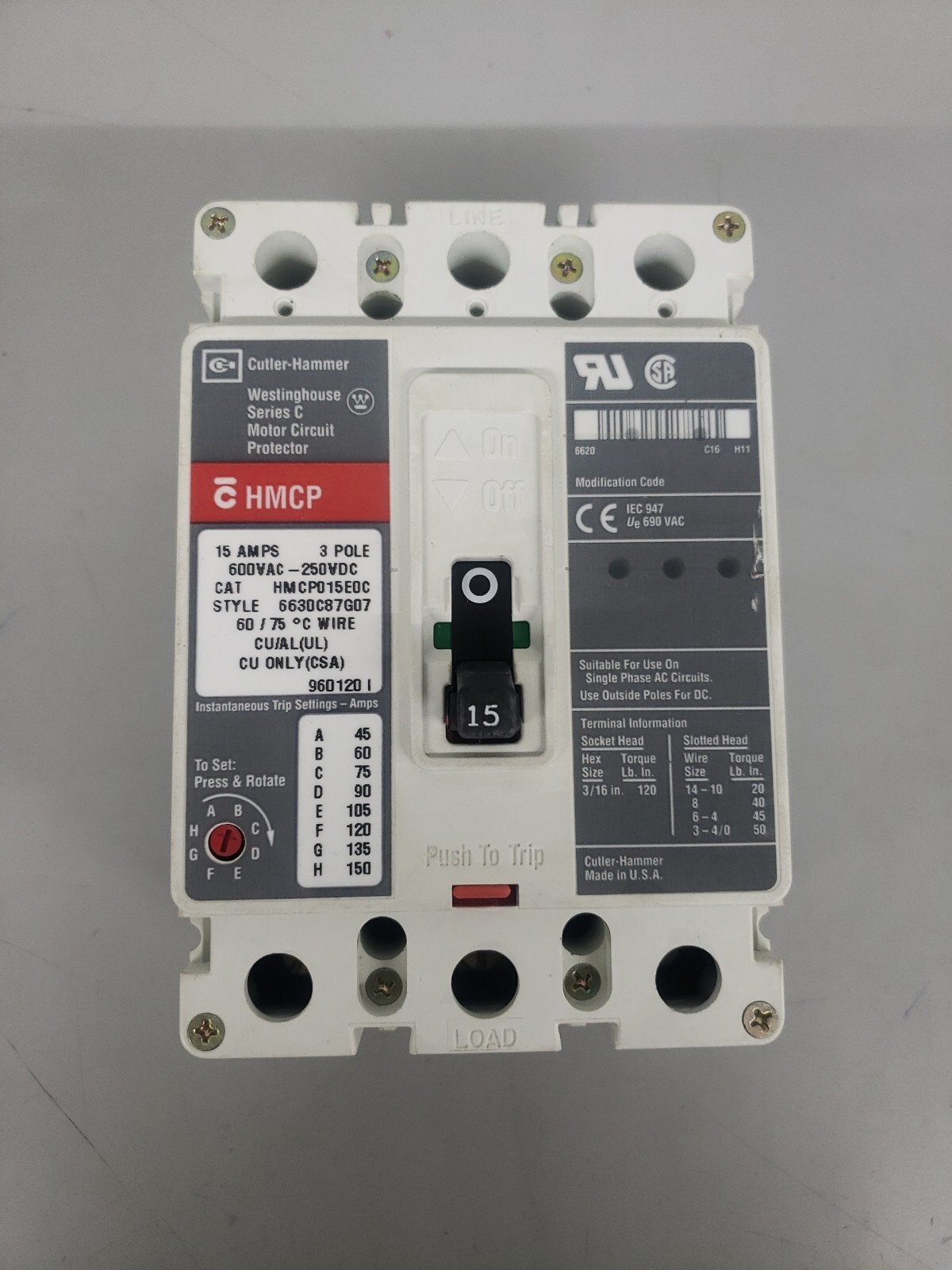 1- CUTLER HAMMER HMCP015E0C MOTOR CIRCUIT PROTECTOR 15 AMP 600V 3 POLE USED