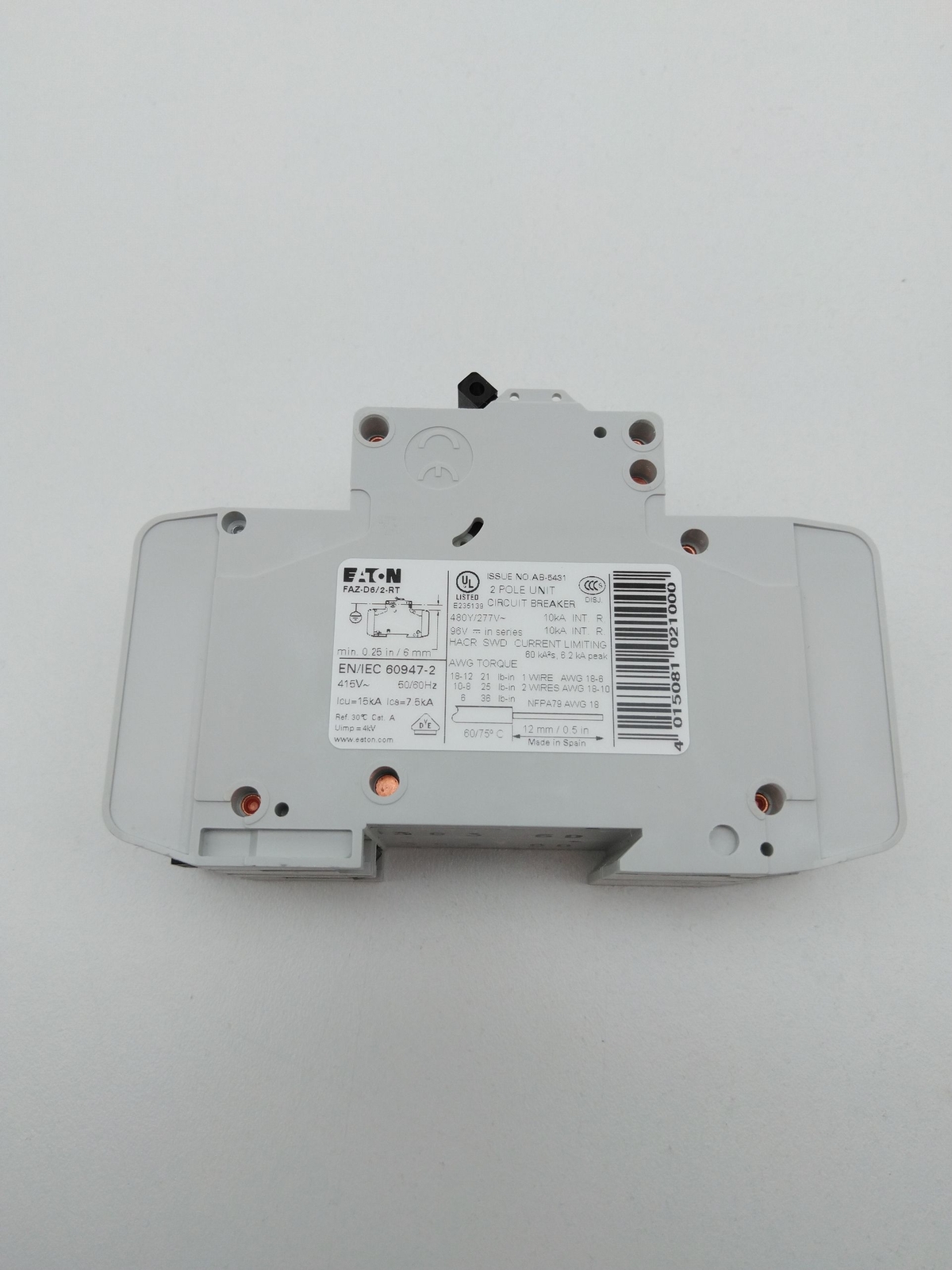 Eaton FAZ-D6/2-RT Circuit Breaker, 6A, 2 Pole, 480Y/277V