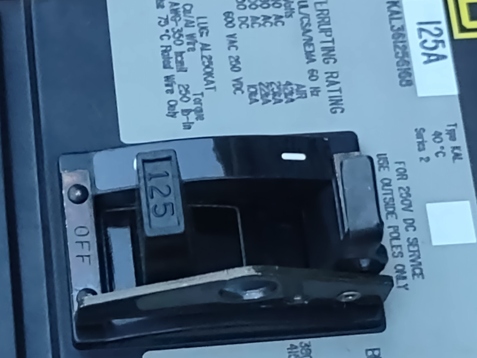 Square D KAL361256168 125A 3P Thermal-Magnetic Circuit Breaker Shunt Trip