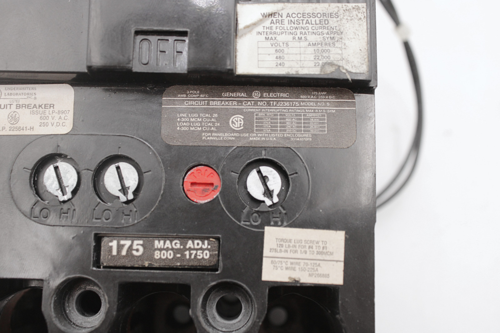 GE TFK236F000 Shunt Trip Circuit Breaker 175A 3-Pole 600V 3P with 175-Amp Trip