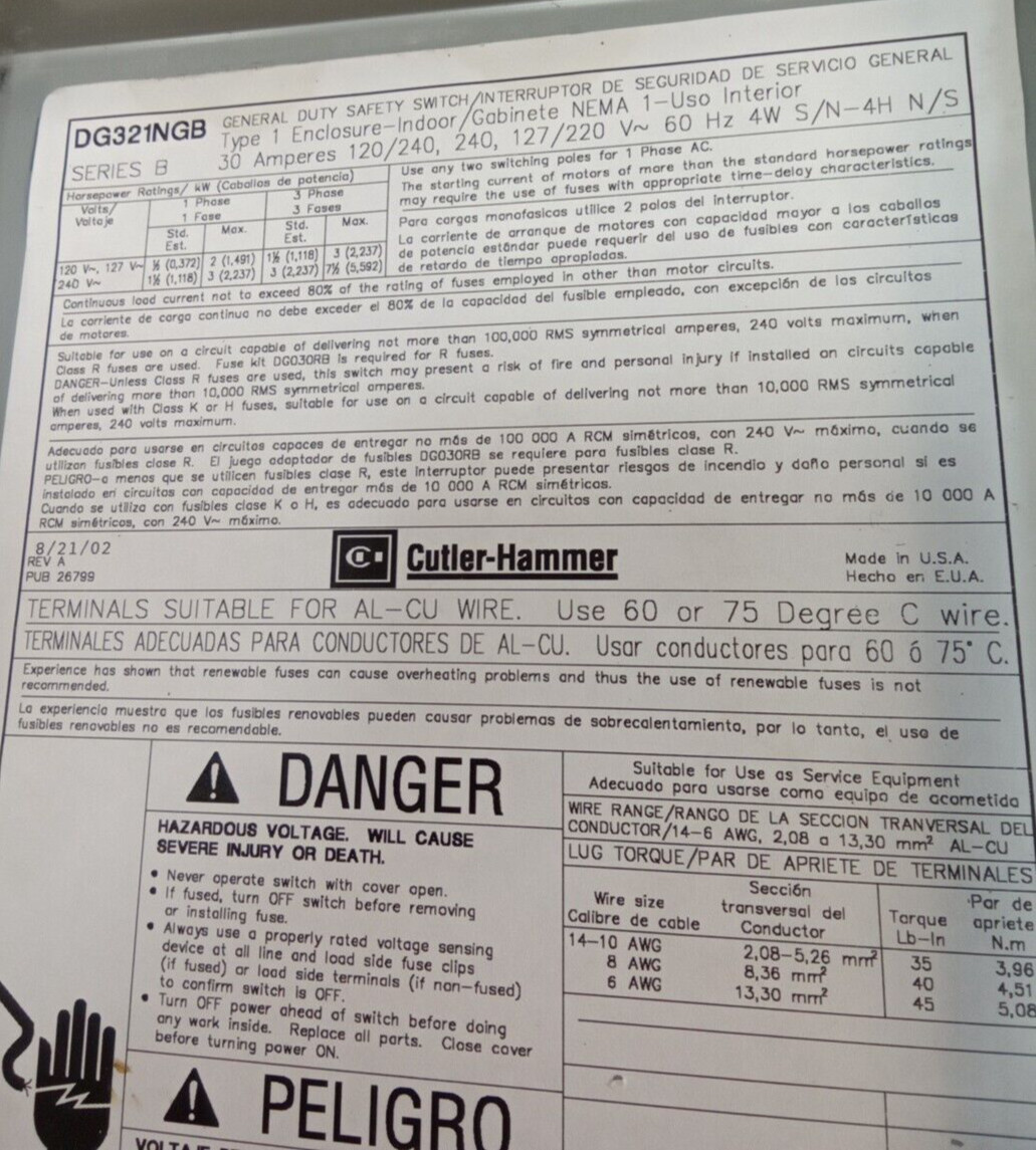 CUTLER HAMMER/DISCONNECT/SWITCH/DG321NGB/30A /3P/240V/FUSIBLE/R1-INDOOR(B33D1