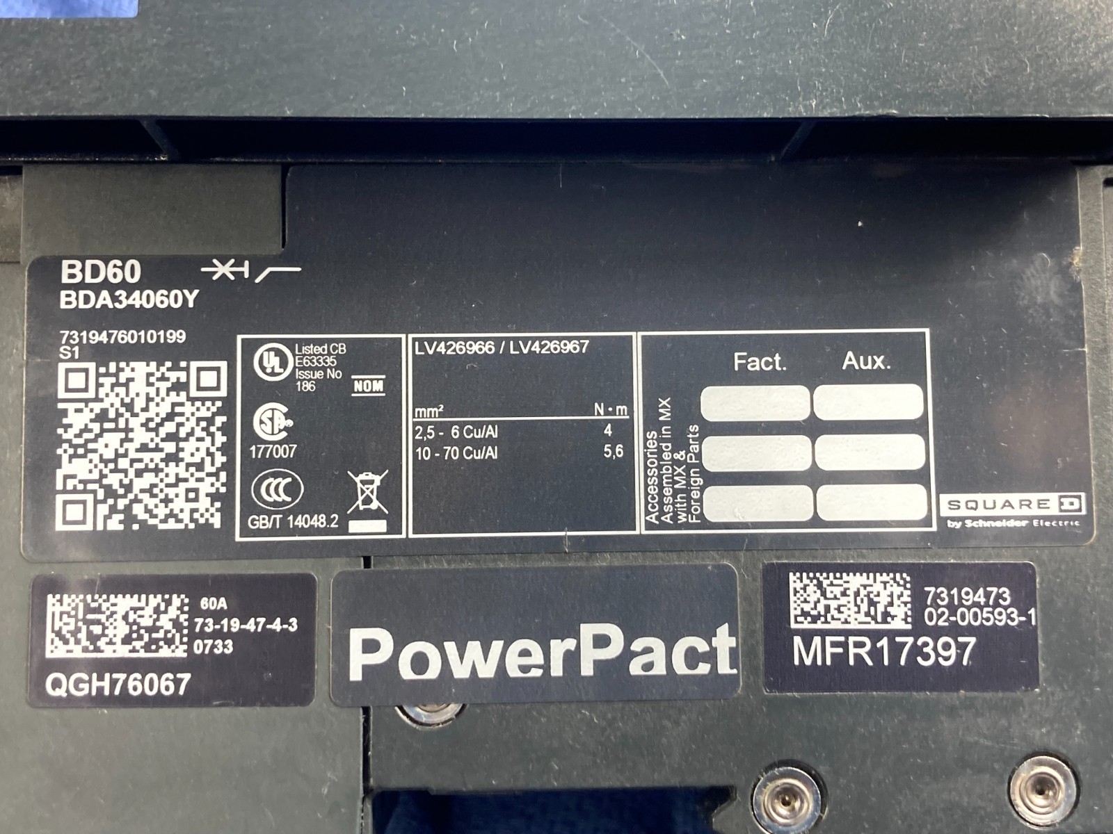 Square D BDA34060Y, 60 Amp, 480 Volt, 3 Pole, BD60 I-LINE Circuit Breaker AC/DC