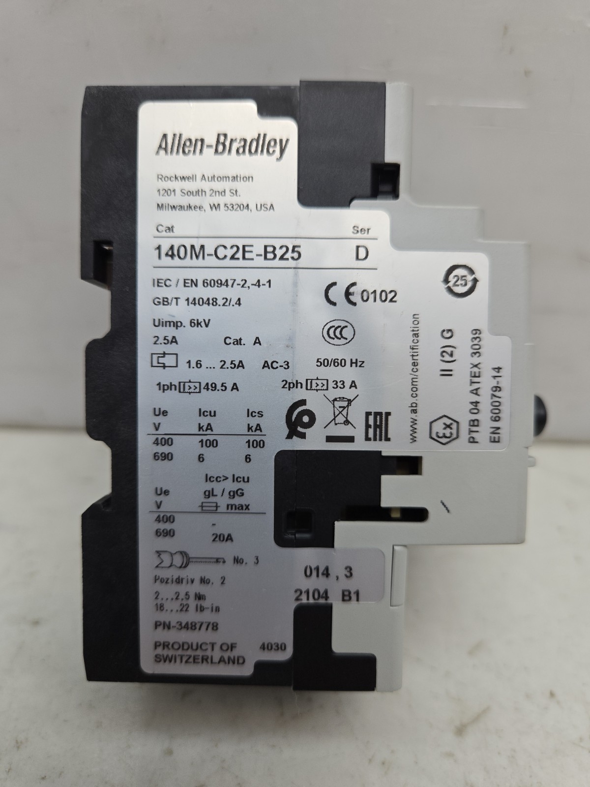 Allen Bradley 140M-C2E-B25 Motor Protection Circuit Breaker 32A 1.6-2.5A Ser D