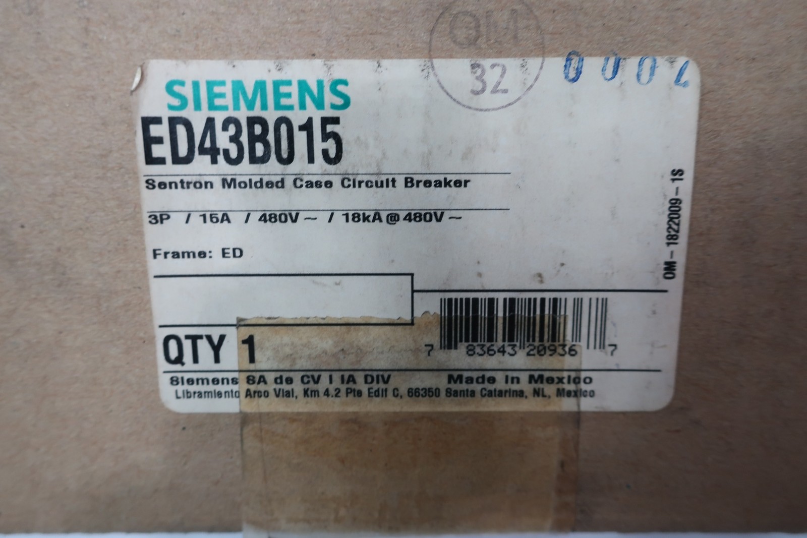 Siemens ED43B015 Molded Case Circuit Breaker 3p 15a 480v-ac