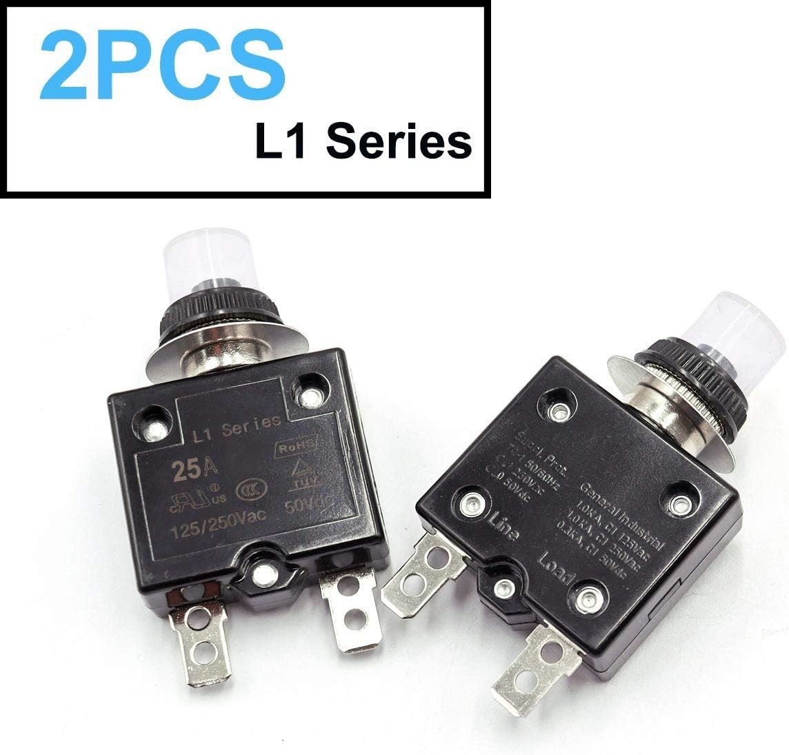 mxuteuk 2Pcs 25Amp Circuit Breakers Push Button Manual Reset 125/250V AC 50V DC