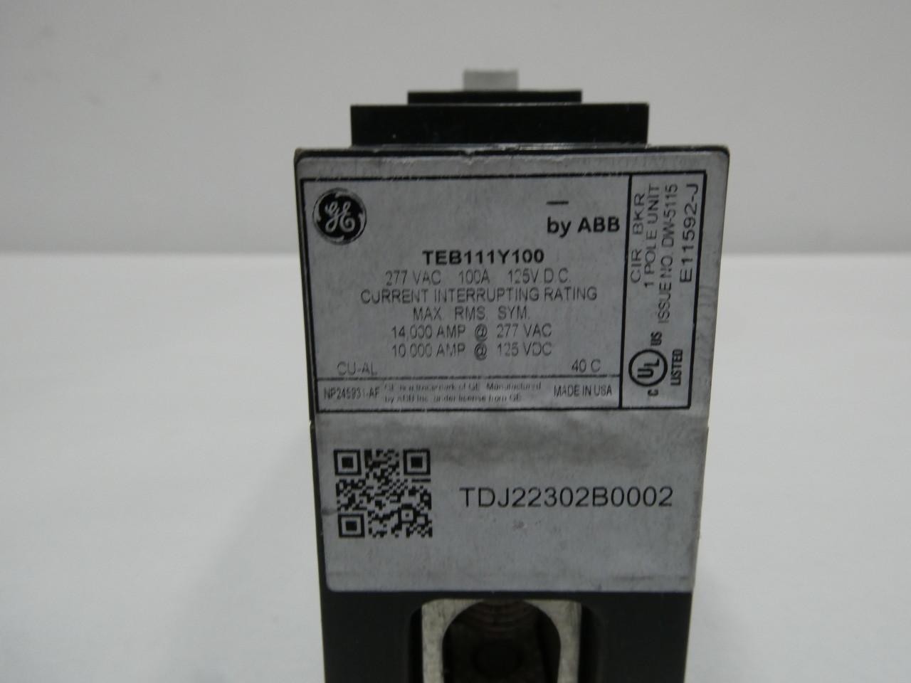 General Electric Ge TEB111Y100 Circuit Breaker 1p 100a Amp 277v-ac 125v-dc