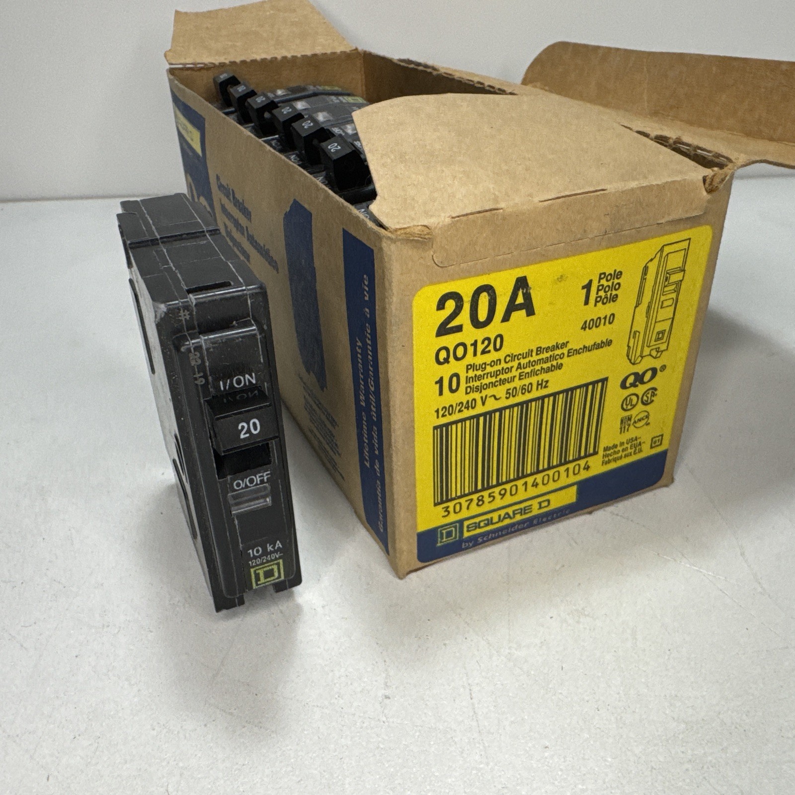 Box of 10 – Square D QO120 20 Amp Single Pole Circuit Breaker Visi-Trip 120/240V