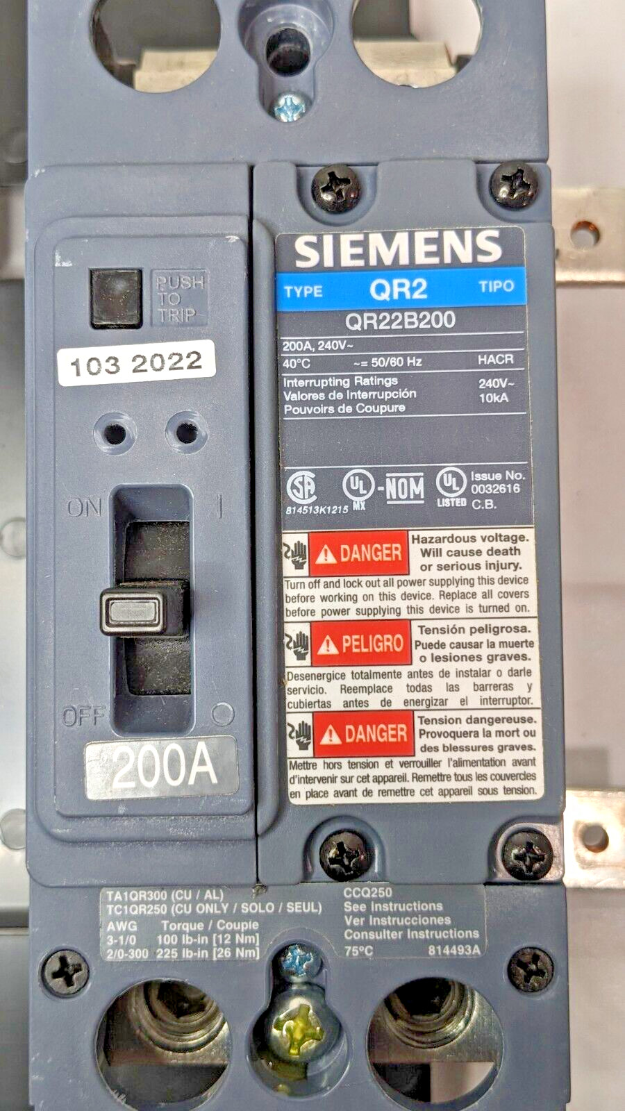 Siemens Low Voltage Breaker Mounting Kit Type QR2 200A 240V 2-Pole MBKQR1200A