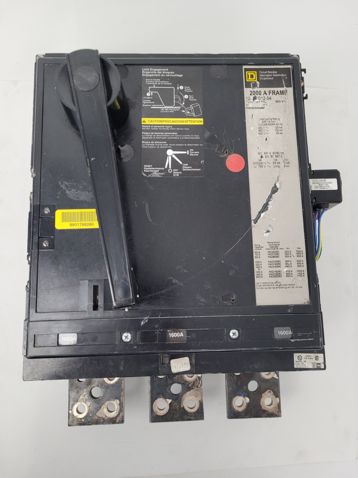 PHF361600A680 Square D 1600A 600V 2000A Frame Circuit Breaker w/ PA11286 Aux