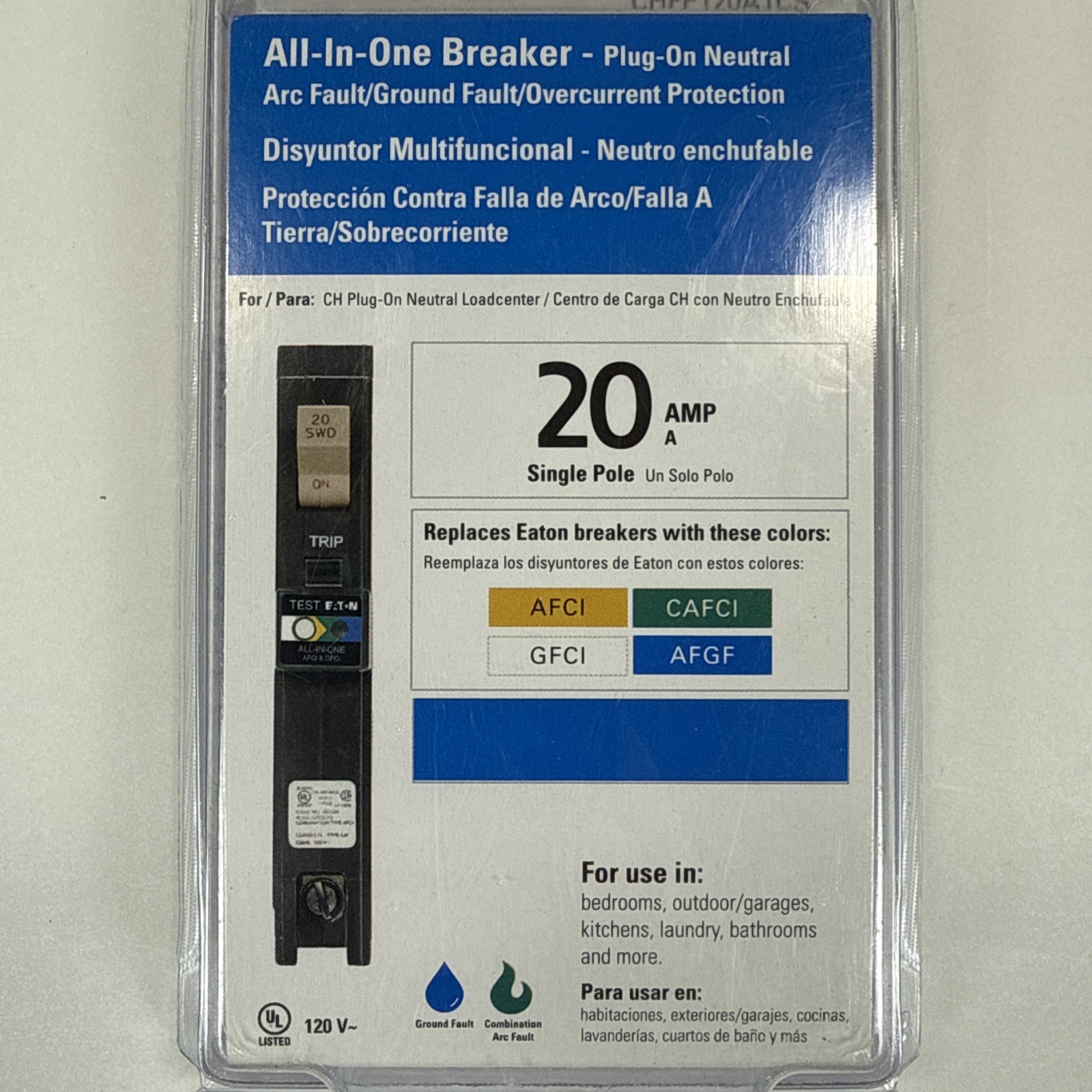 Eaton CHFP120A1CS 20A Single Pole AFCI/GFCI Plug On Neutral Circuit Breaker