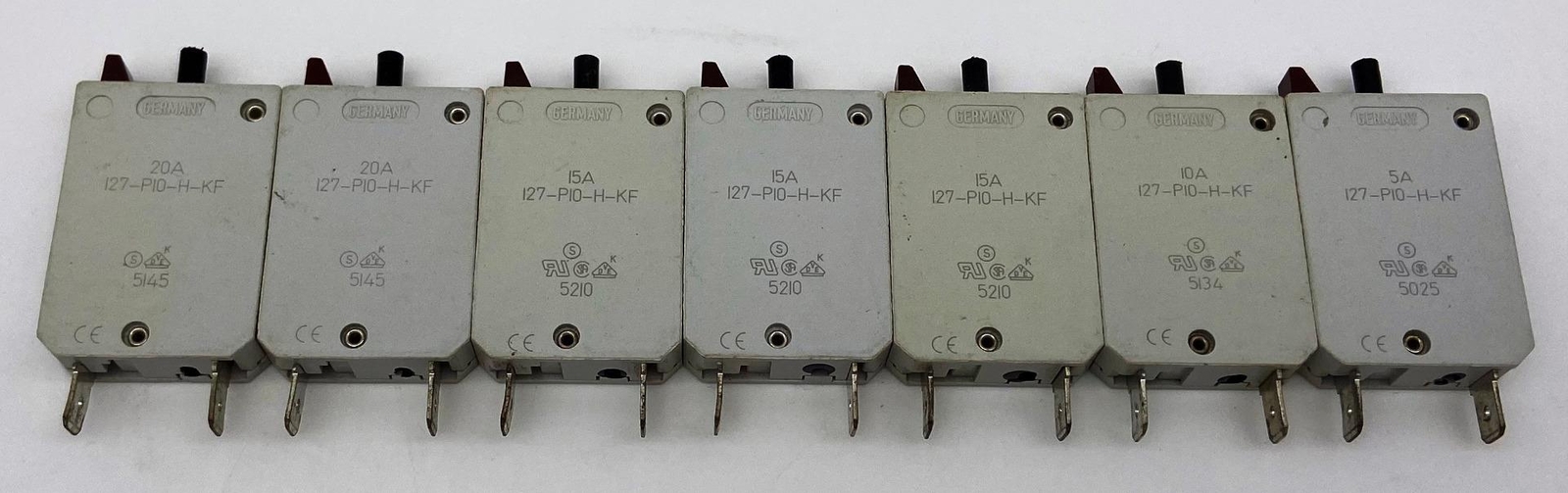 Qty 7 Assorted, E-T-A 12-P10-H-KF Resettable Circuit Breakers, 250VAC, 28VDC ETA