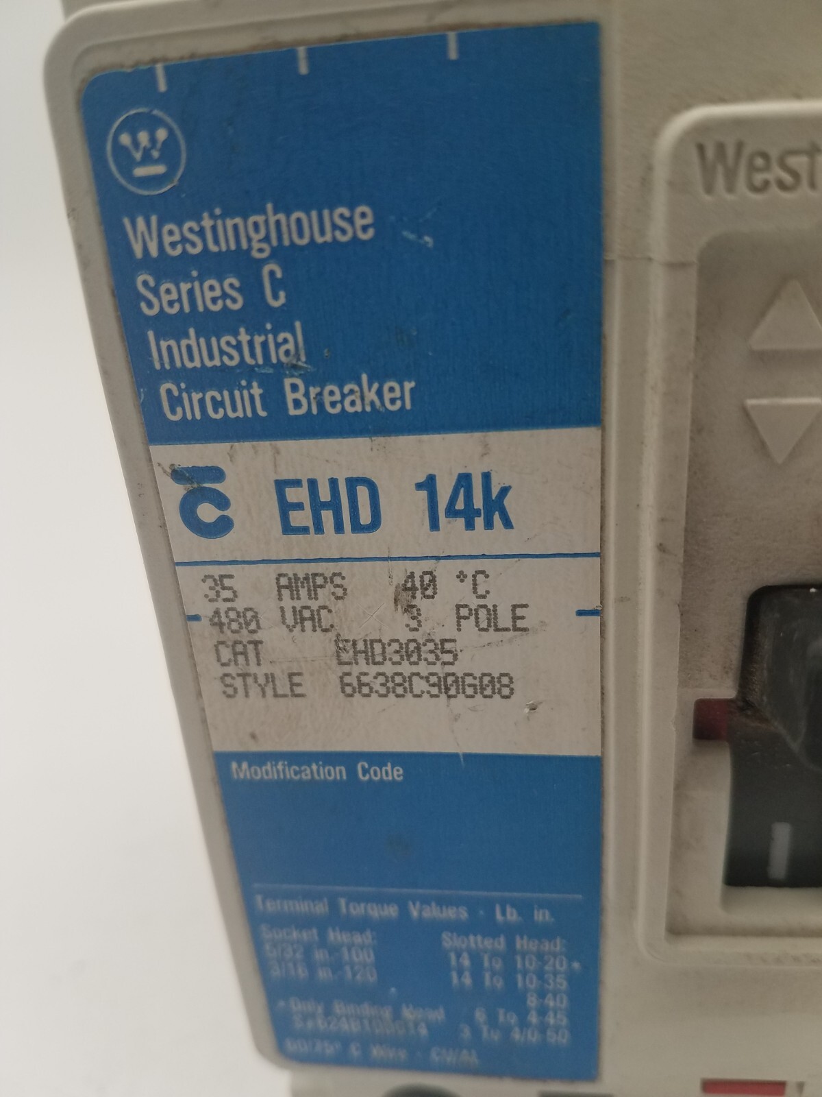 Westinghouse EHD3035 Circuit Breaker 35A 480V 3P EHD 14KA Blue Label Used