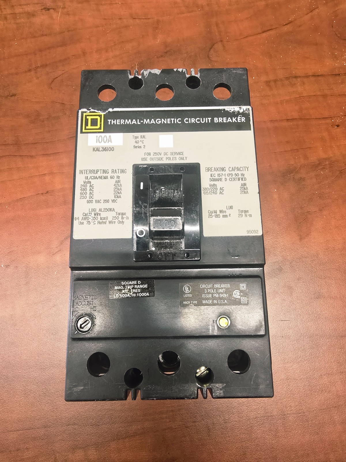 Square D KAL36100 3 Pole 100 Amp 600 Vac Circuit Breaker WITH TEST REPORTS