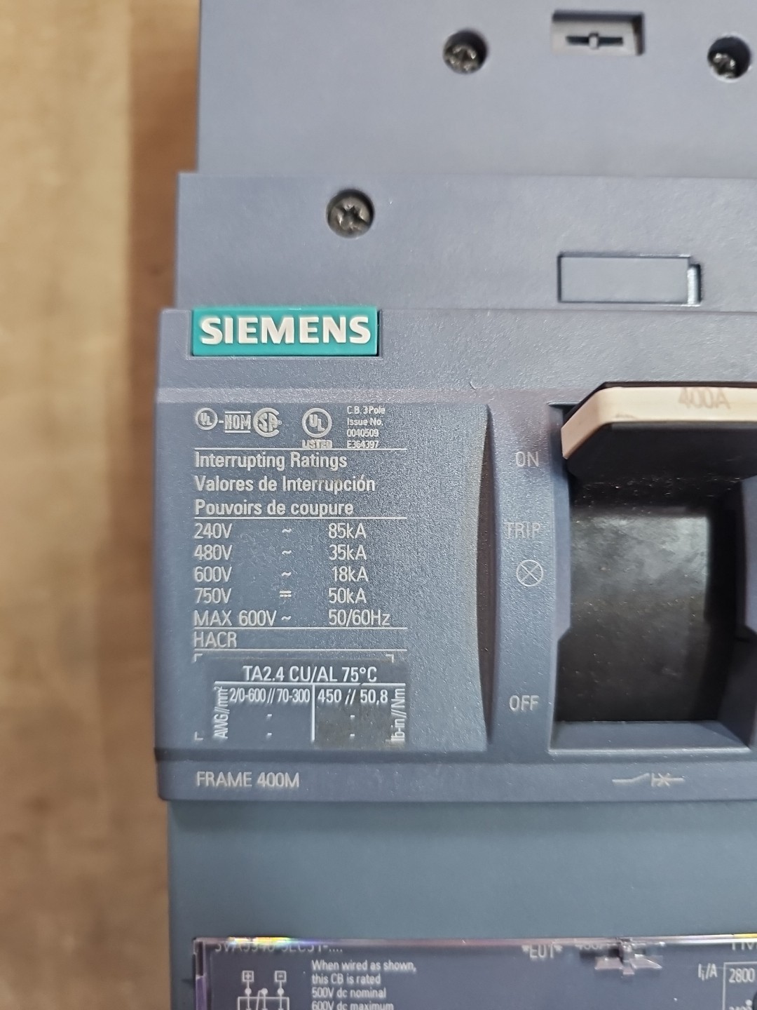 NNB SIEMENS 400 AMP BREAKER 3VA5340-5EC31-0AA0