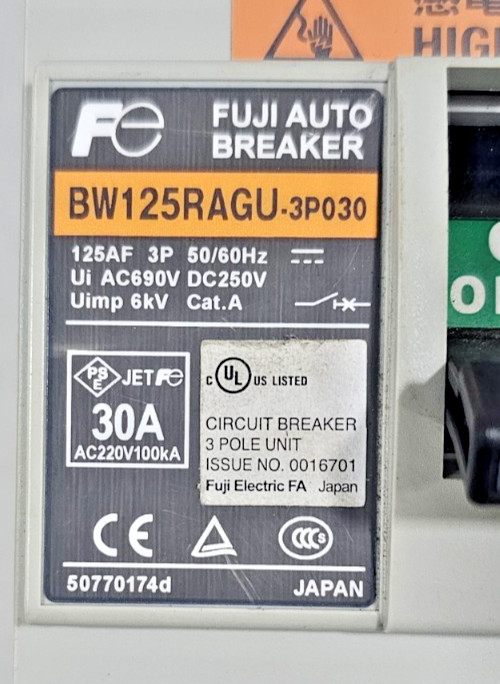 Fuji Electric FA BW125RAGU-3P030 Circuit Breaker 30A 3P 50kA 600V New-Open box