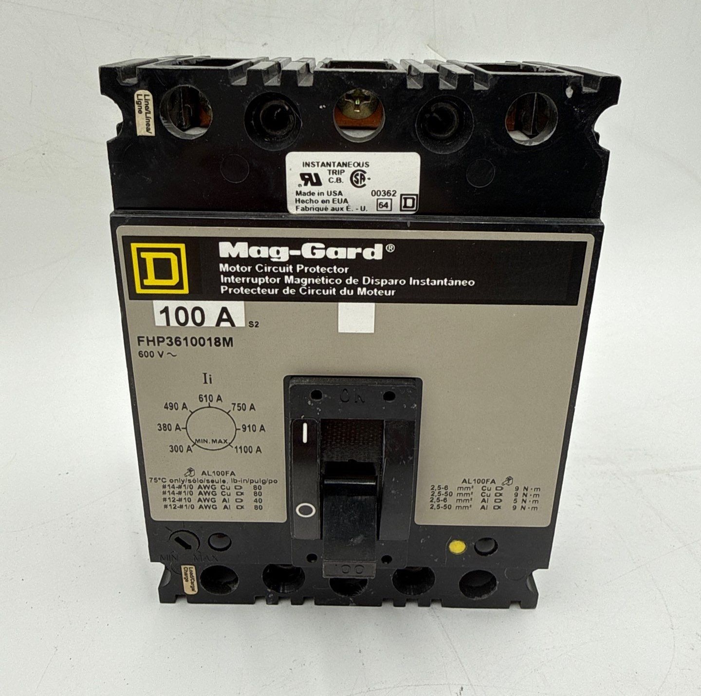 Square D FHP3610018M Motor Circuit Protector Breaker 100A 600V 3P 100 Amp 3 Pole