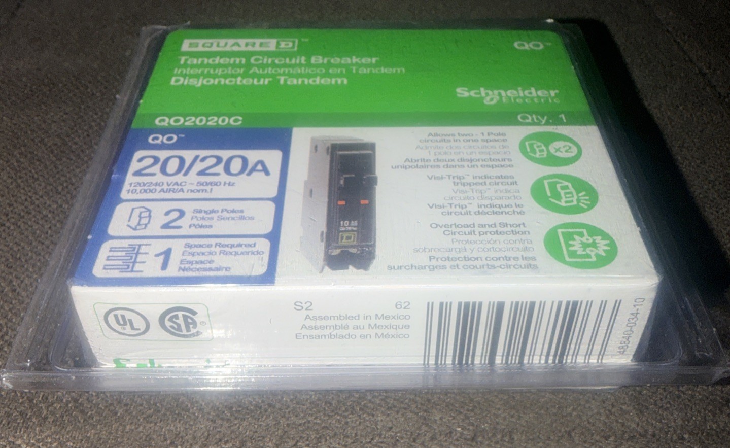 Square D {Model# QO2020C} QO 20-amp/20-amp Single-Pole Tandem Circuit Breaker