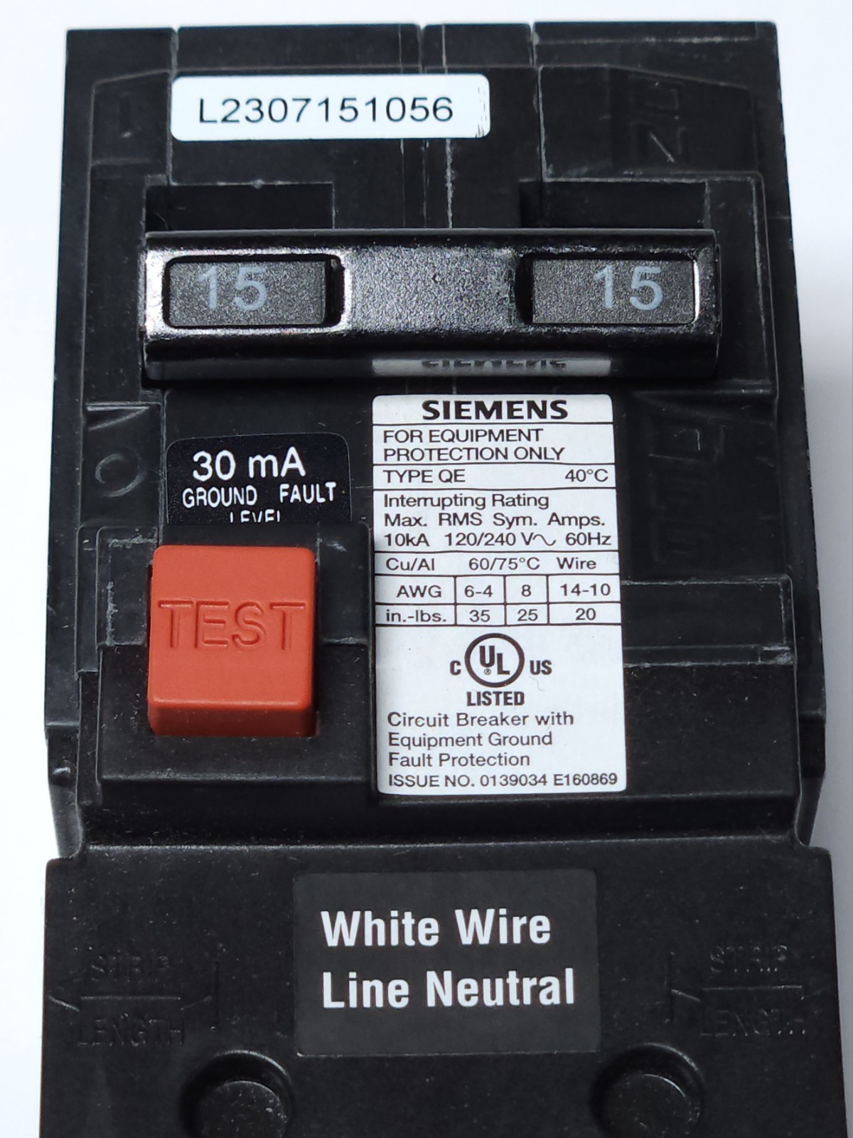 SIEMENS QE215 2 Pole 15 AMP Type QE EQUIPMENT Protection Ground Fault Circuit