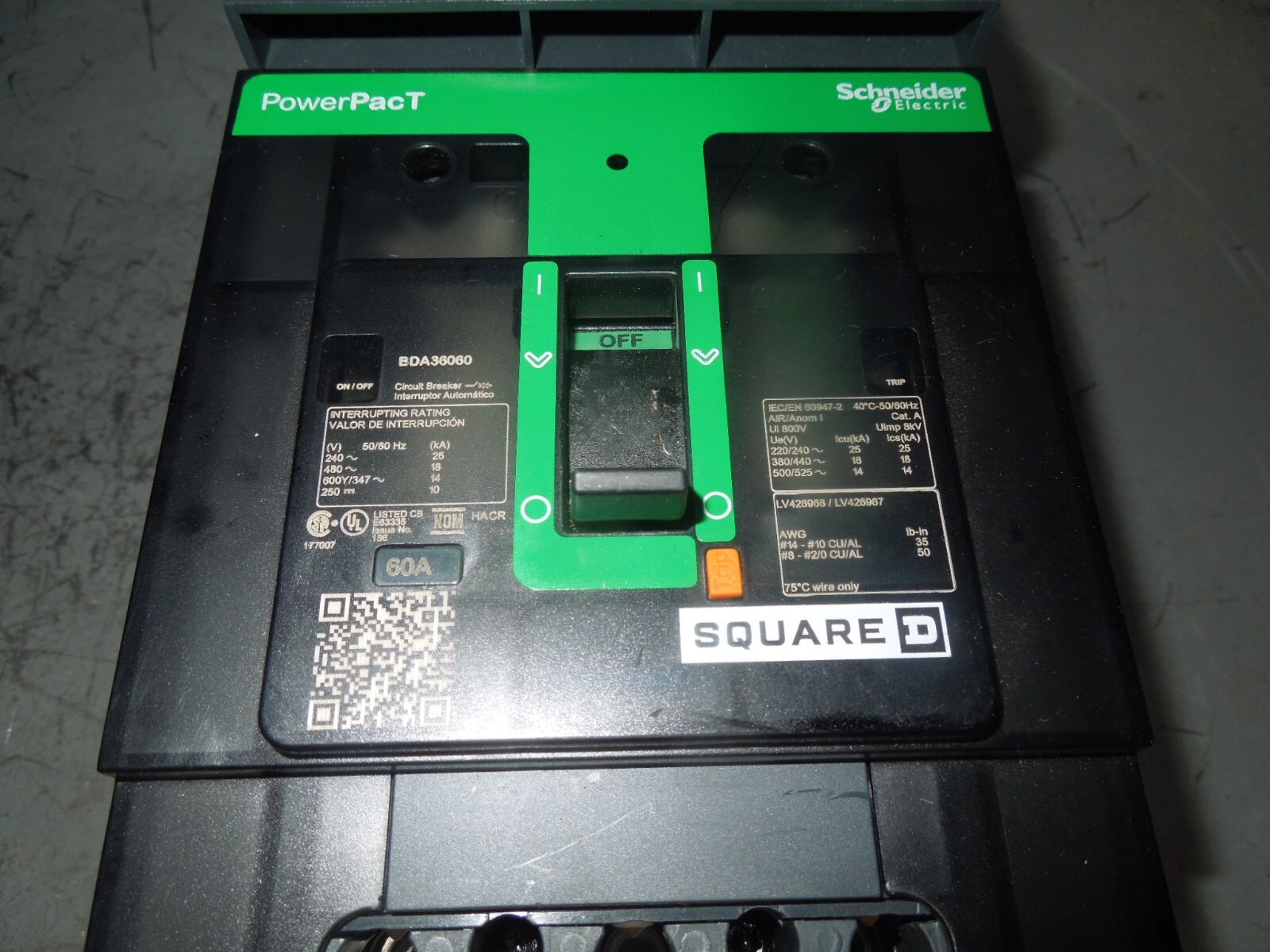 Square D PowerPacT B I-Line Circuit Breaker BDA36060 60A 3P 600V Surplus TakeOut