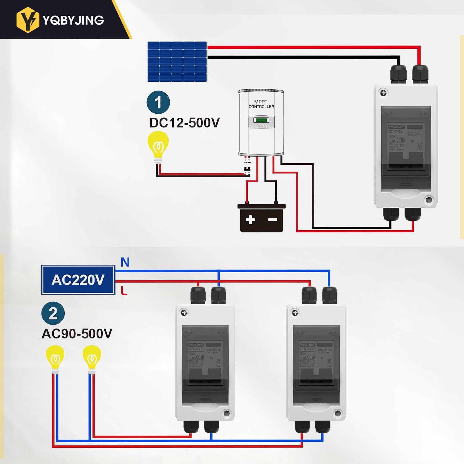 20A Solar Panel Disconnect Switch, 500V 2 Poles, Waterproof Circuit Breaker