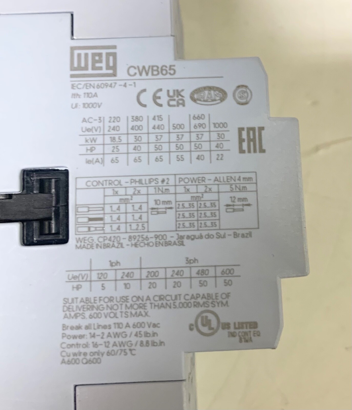 WEG CWB65 11 30V24 3 Pole 65 AMP 180-208 VAC Contactor 13860255